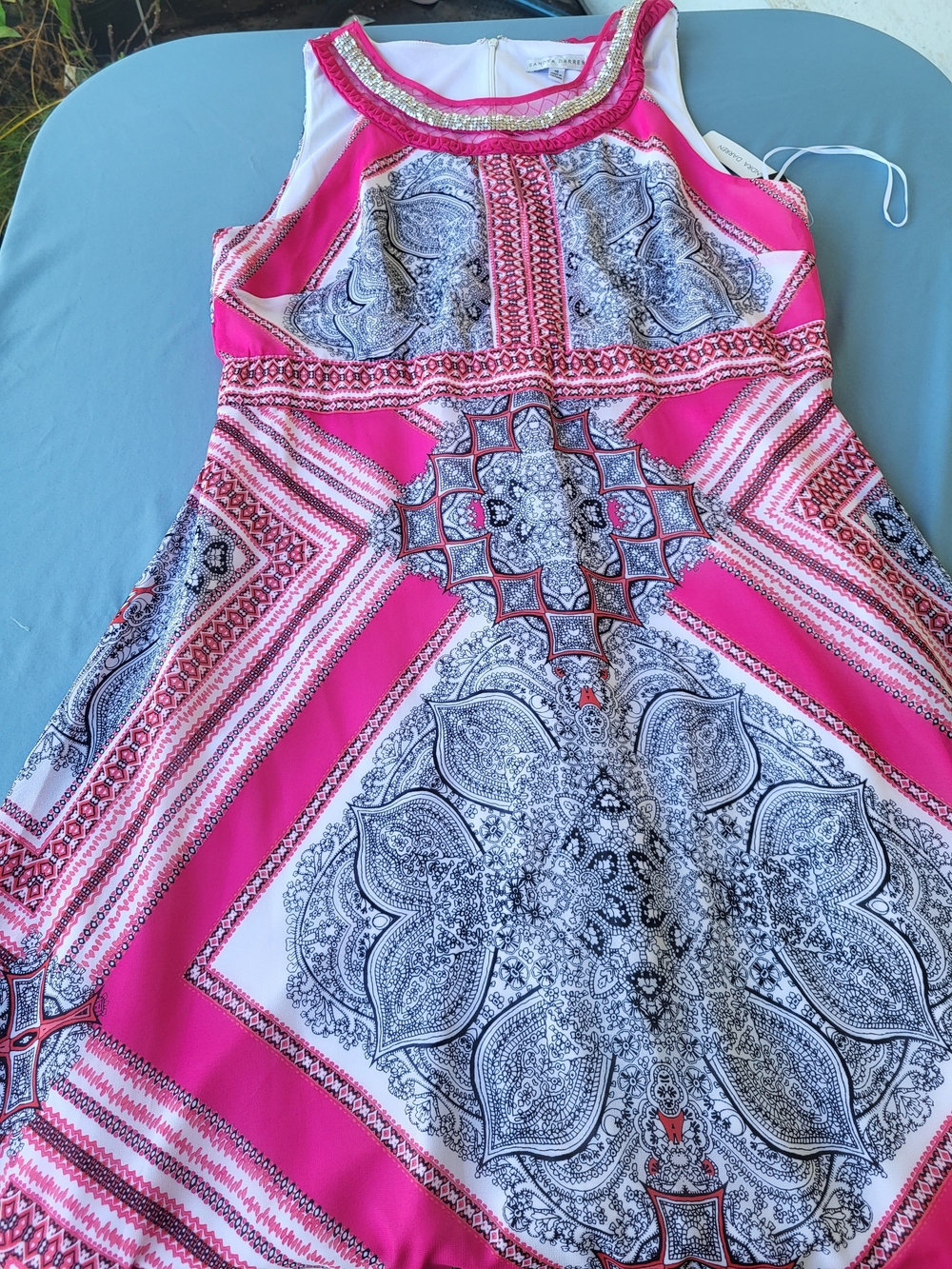 NWT Sandra Darren Boho Pink Paisley Beaded Illusion Halter Trapeze Dress 16